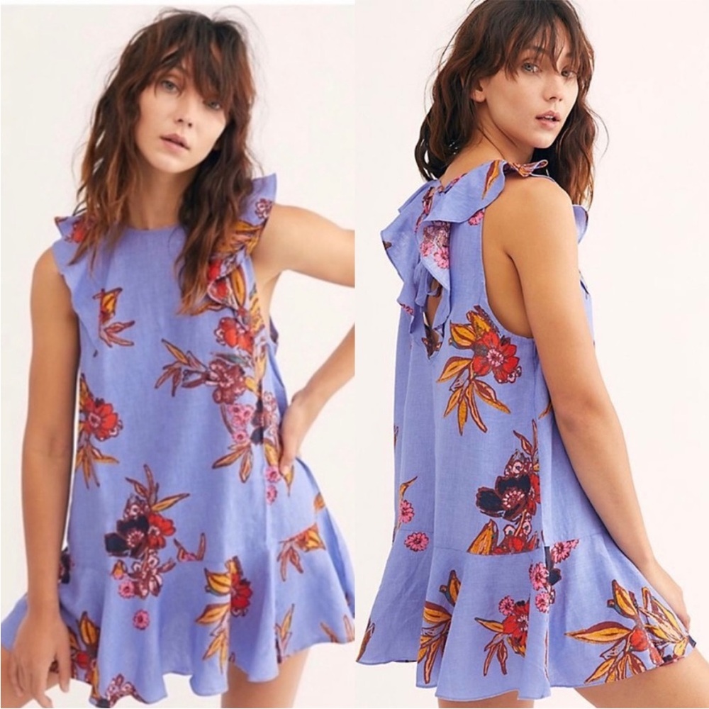 Free People Summer in Tulum Floral Linen Blend Tunic Dress in Bluebell Blue, S